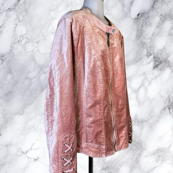Torrid Crushed Velvet Lace Up Sleeve Moto Jacket in Iced Pink - Picture 12 of 12